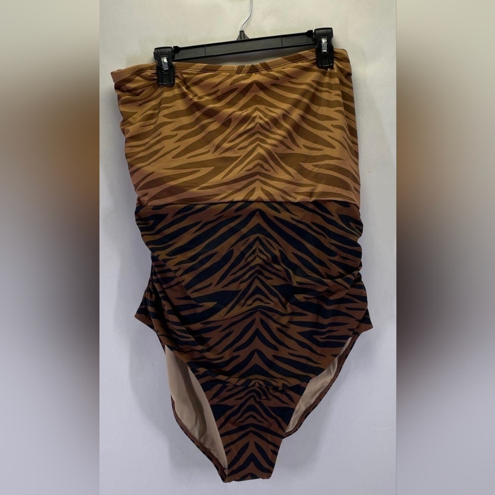 NWT Two Tone Brown Tiger Print One-Piece Swimsuit Rwmkveable Straps& Pads Sz 2XL